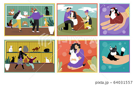 Adopt pet, dog or cat vector illustration, cartoon happy characters rescue, love and hug cute kitten puppy, adoption homeless pet banner set Adopt pet, dog or cat vector illustration, cartoon happy characters rescue, love and hug cute kitten puppy, adoption homeless pet banner set 64031557