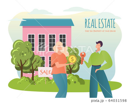 Sale property vector illustration, flat cartoon agent broker character sale house, people buy or rent new home, real estate agency concept Sale property vector illustration, flat cartoon agent broker character sale house, people buy or rent new home, real estate agency concept 64031598