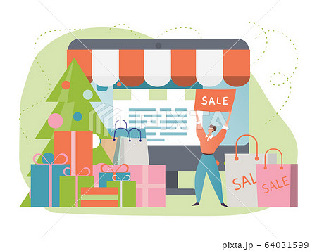 Christmas sale ad concept vector illustration, cartoon tiny flat man character advertising holiday offer discounts for buying xmas gifts Christmas sale ad concept vector illustration, cartoon tiny flat man character advertising holiday offer discounts for buying xmas gifts 64031599