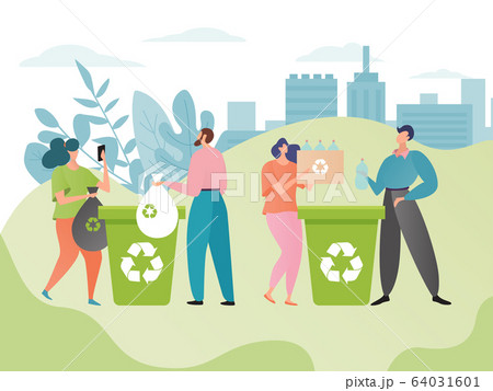 Recycle bin concept vector illustration, cartoon flat characters throwing trash waste, recycling rubbish garbage together, protect ecology Recycle bin concept vector illustration, cartoon flat characters throwing trash waste, recycling rubbish garbage together, protect ecology 64031601