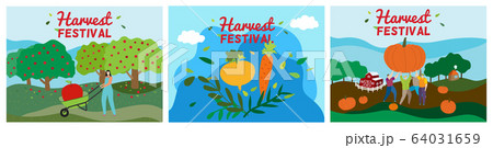 Agriculture harvest festival vector illustration, cartoon woman man active character harvesting working in garden or farm field poster set 64031659