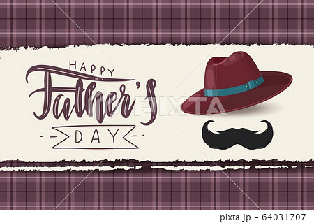 Father hat. Fathers day greeting card with typography design. Hat and black mustache with plaid pattern vector template 64031707
