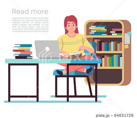 Woman in library. Young lady reading book in public library interior with bookshelves, table and chairs, flat design vector concept 64031726