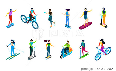 Isometric people riding bike, scooter, vehicles, vector illustration, flat characters isolated on white ski, skate, ride skateboard and gyroscooter. 64031782