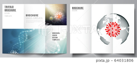 Vector layouts of covers design templates for trifold brochure, flyer layout, brochure cover, advertising mockups. 3d medical background of corona virus. Covid 19, coronavirus infection. Virus concept Vector layouts of covers design templates for trifold brochure, flyer layout, brochure cover, advertising mockups. 3d medical background of corona virus. Covid 19, coronavirus infection. Virus concept 64031806