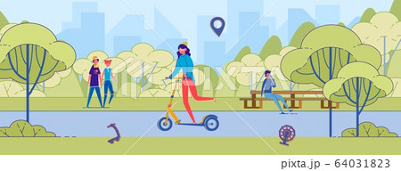 Cartoon Woman Riding Kick Scooter in City Park 64031823
