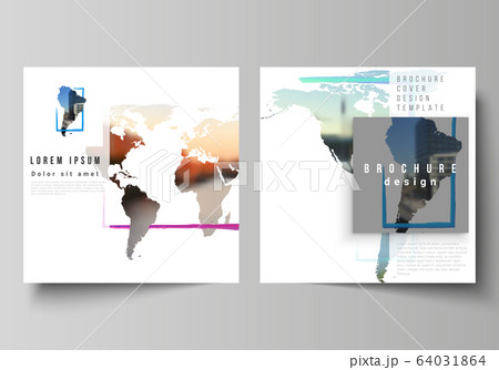 Vector layout of two square format covers templates for brochure, flyer, cover design, book design, brochure cover. Design template in the form of world maps and colored frames, insert your photo. 64031864