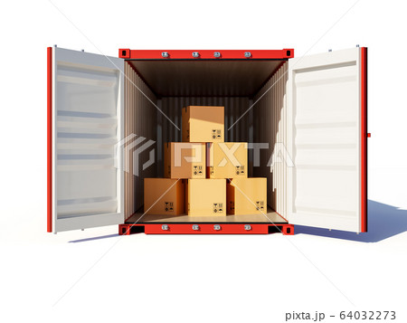 Opened cargo container with cardboards 64032273