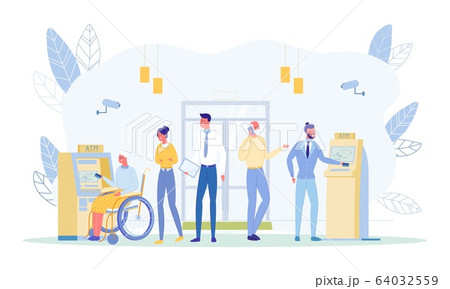 People Waiting in Line to Draw Money from ATM. 64032559