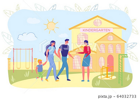 Mother and Father Carrying Kid to Kindergarten 64032733