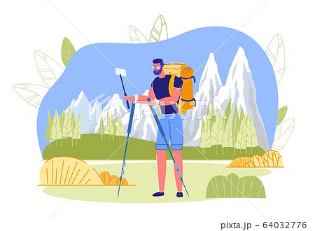 Man in Mountain making Selfie or Blog Broadcast. 64032776