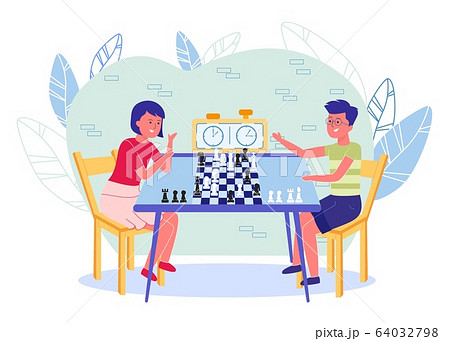 Kids Characters Playing Chess in Club or School. 64032798