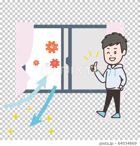 換気をしてウイルスを追い出す男性　イラスト 64034669