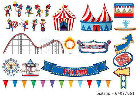 Large set of circus rides and clowns on white 64037061