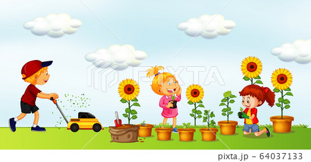 Scene with kids do gardening work in the garden Scene with kids do gardening work in the garden 64037133