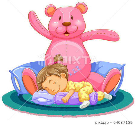 Scene with little girl sleeping with pink teddy 64037159