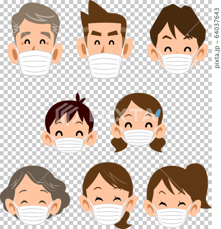 マスクをつけた三世代の家族　笑顔の表情アイコン 64037643