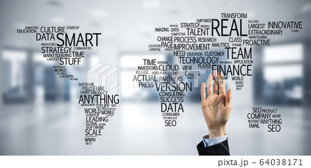 World map in office interior as symbol for international busines 64038171