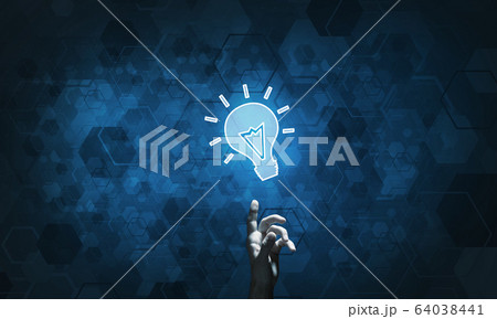 Technology idea concept with glowing bulb icon and touching it finger 64038441