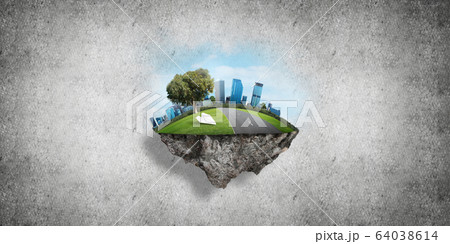 Modern cityscape with towers and skyscrapers on green part of land Modern cityscape with towers and skyscrapers on green part of land 64038614