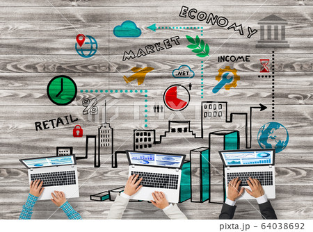 Top view of businesspeople sitting at table and using gadgets 64038692