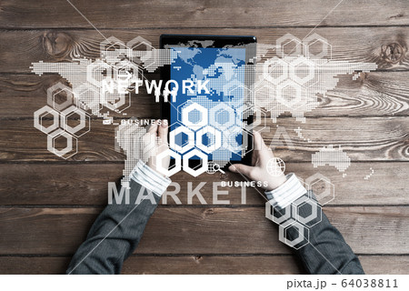 Business workplace with tablet device coffee cup and media user interface Business workplace with tablet device coffee cup and media user interface 64038811