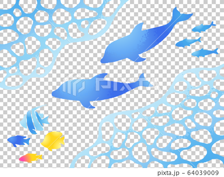 水面のフレーム イルカ 熱帯魚の手描き風イラストセットのイラスト素材
