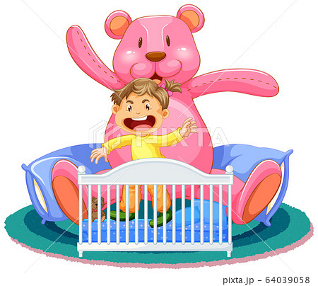 Scene with little girl in crib with giant teddy 64039058