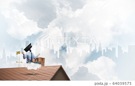 Concept of security and privacy protection with camera headed man meditating Concept of security and privacy protection with camera headed man meditating 64039575