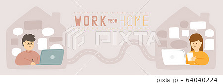 Man and woman with laptop keep distance online meeting to protection covid-19 outbreak, Social distancing work from home concept poster or social banner illustration on background, copy space, vector Man and woman with laptop keep distance online meeting to protection covid-19 outbreak, Social distancing work from home concept poster or social banner illustration on background, copy space, vector 64040224