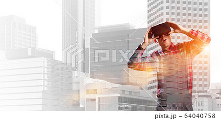 Guy wearing checked shirt and virtual mask demonstrating shock or surprise 64040758