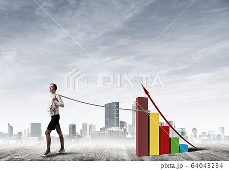 Businesswoman pulling arrow with rope and making it raise up 64043234