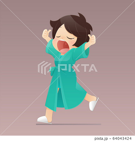 Cartoon girl in a green robe walking and yawning Cartoon girl in a green robe walking and yawning 64043424