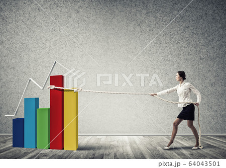 Businesswoman pulling garph with rope as symbol of power and control 64043501