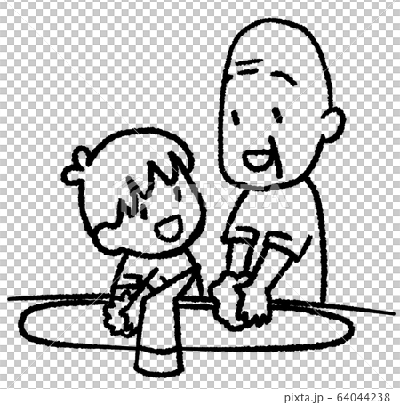 Grandpa and grandchild washing hands (line drawing) 64044238