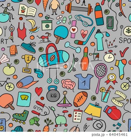 Healthy Lifestyle Background. Sport and activity. Fintess design elements. Seamless Pattern Healthy Lifestyle Background. Sport and activity. Fintess design elements. Seamless Pattern 64045461