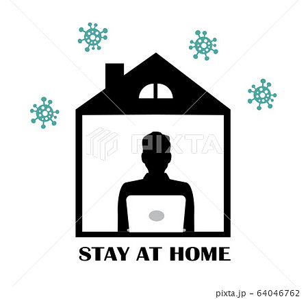 a man with a laptop works in quarantine stayed at home and viruses fly around a man with a laptop works in quarantine stayed at home and viruses fly around 64046762