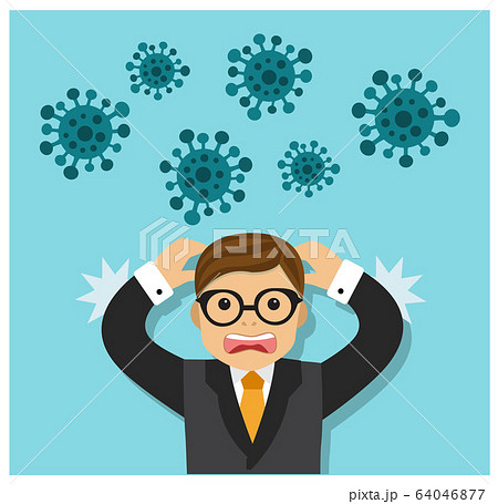 a man in a panic screams and fears and around the virus fly 64046877