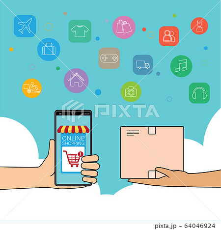 Mobile application for shopping, Online supermaket, Smartphone with shopping app. Mobile application for shopping, Online supermaket, Smartphone with shopping app. 64046924
