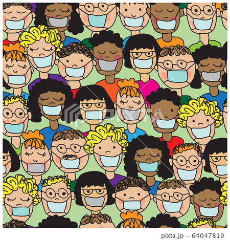 seamless pattern with cartoon people of different races in medical masks 64047819