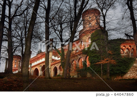 Evening view at chateau Kamieniec Zabkowicki, Poland 64047860