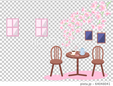 桜の花とカフェの風景のイラスト素材