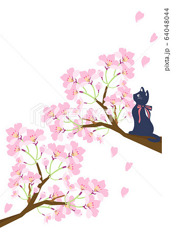 桜と木に登った猫のイラストのイラスト素材