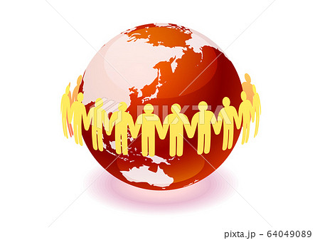 黄色の手をつなぐ人物シルエットと赤い地球 3dイメージのイラスト素材