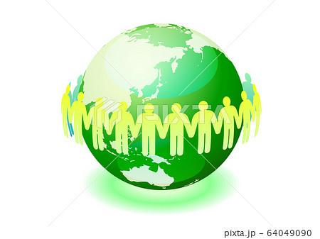 緑色の手をつなぐ人物シルエットと緑の地球 3dイメージのイラスト素材