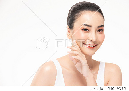 Beauty asian women  touching soft cheek portrait face with natural skin and skin care healthy hair and skin close up face beauty portrait. 64049336