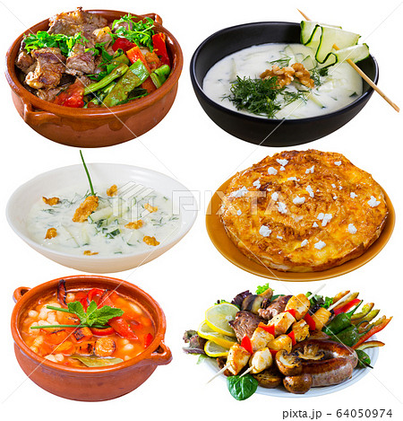 Dishes of traditional Bulgarian cuisine with meat, vegetables, tasty ingredients 64050974