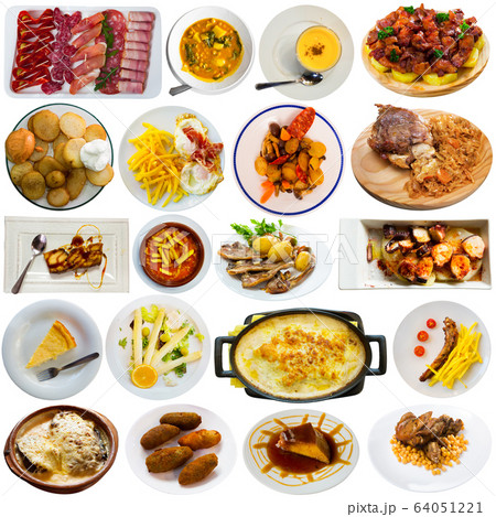 Set of various dishes of Spanish cuisine isolated on white background Set of various dishes of Spanish cuisine isolated on white background 64051221