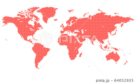 四角いドットで構成された赤い世界地図のイラスト素材