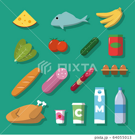 Food and drinks icons set with shadows. Flat style vector illustration 64055013